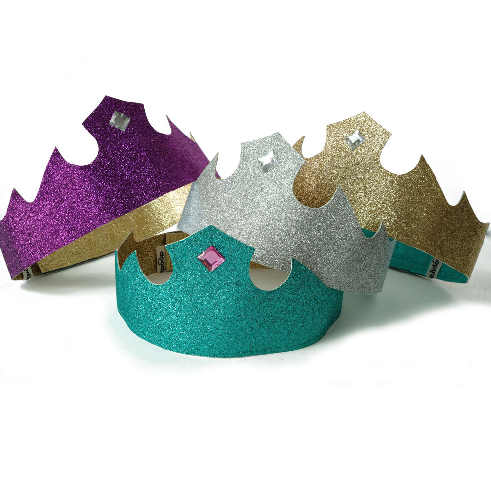 doodlelidoo reversible and adjustable costume crowns are available in gold and green, gold and silver,  and purple and gold color combinations.