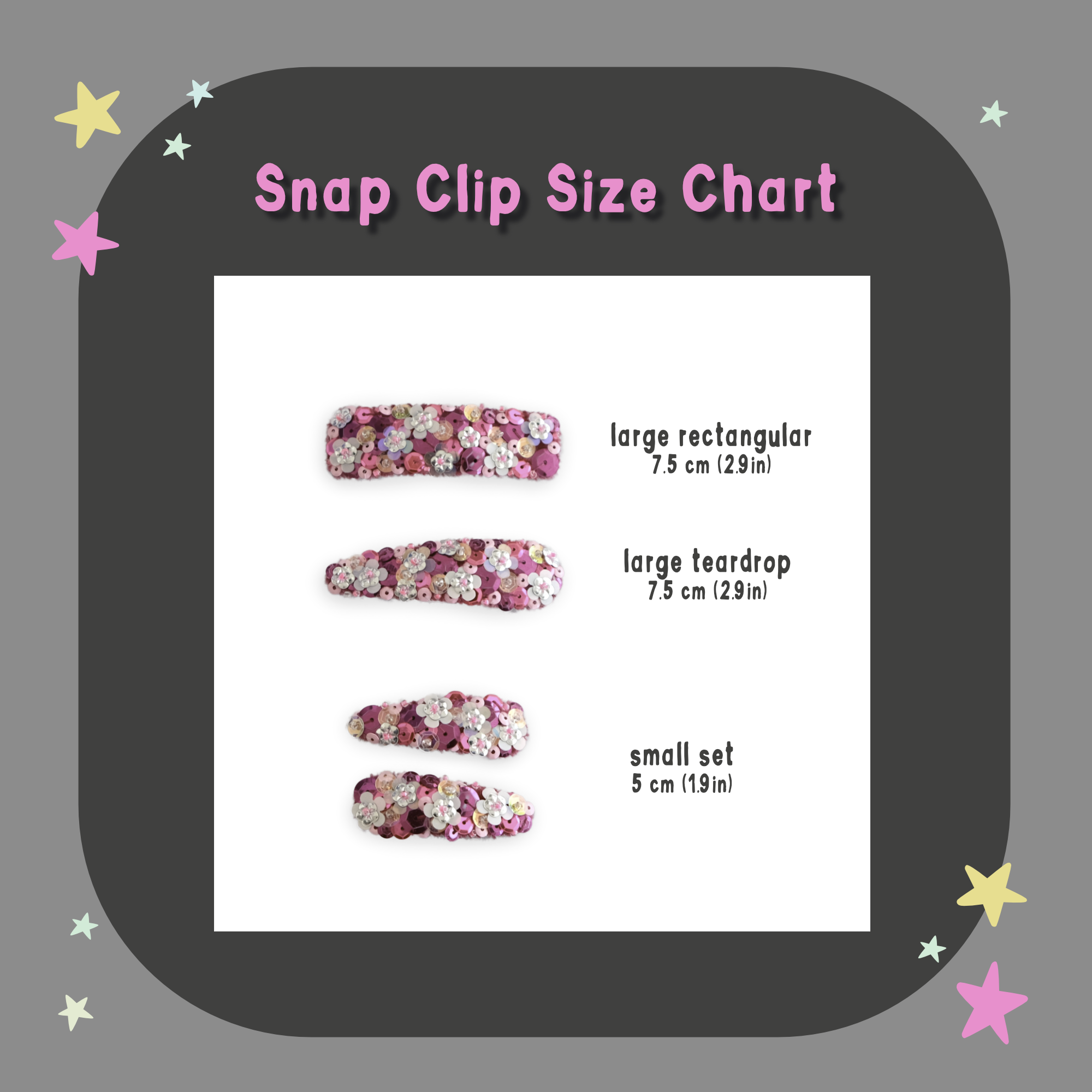 Snap Clip Size Chart. Our snap clips are available in multiple shapes and sizes.