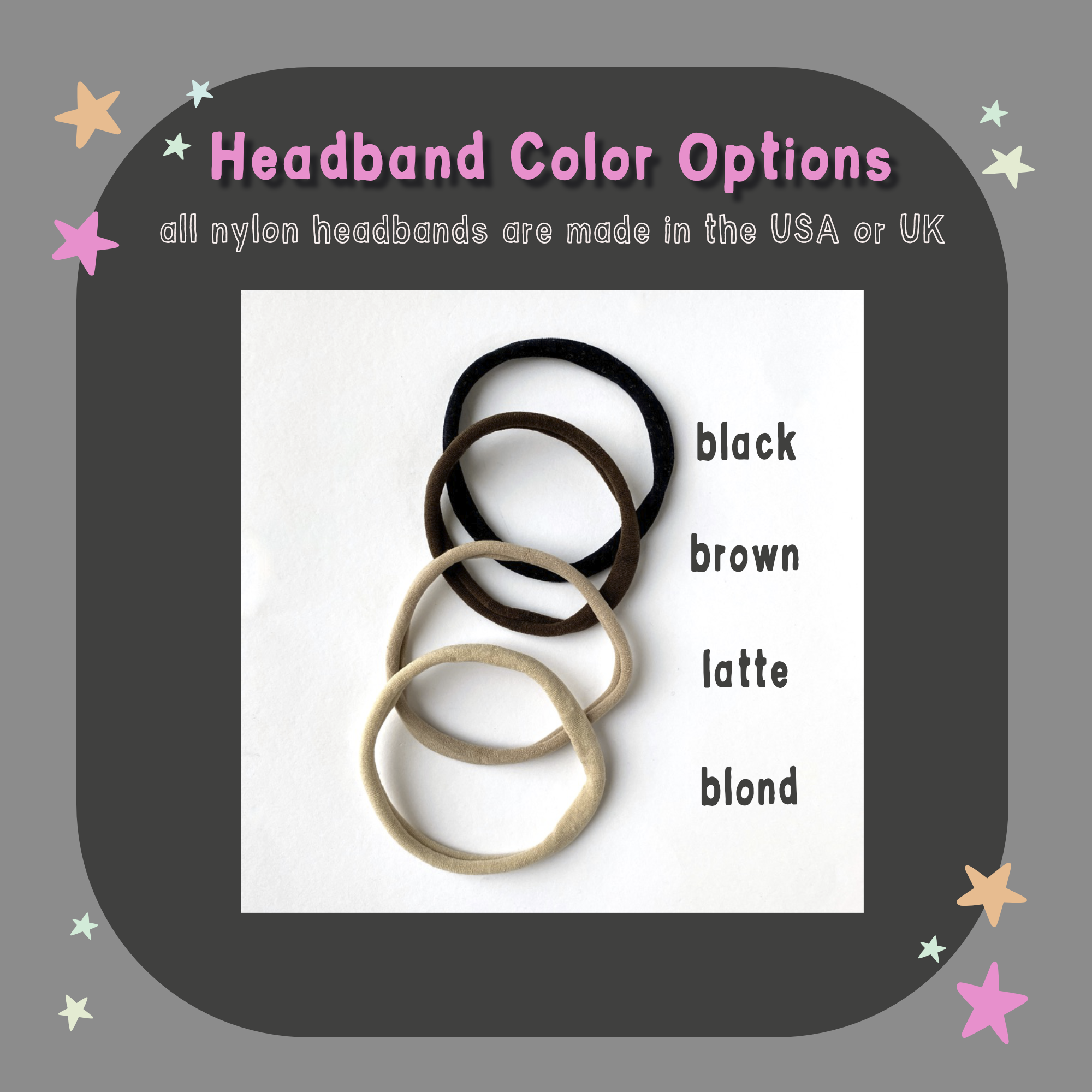 Nylon headband are available in black, brown, latte , or blond color tone.