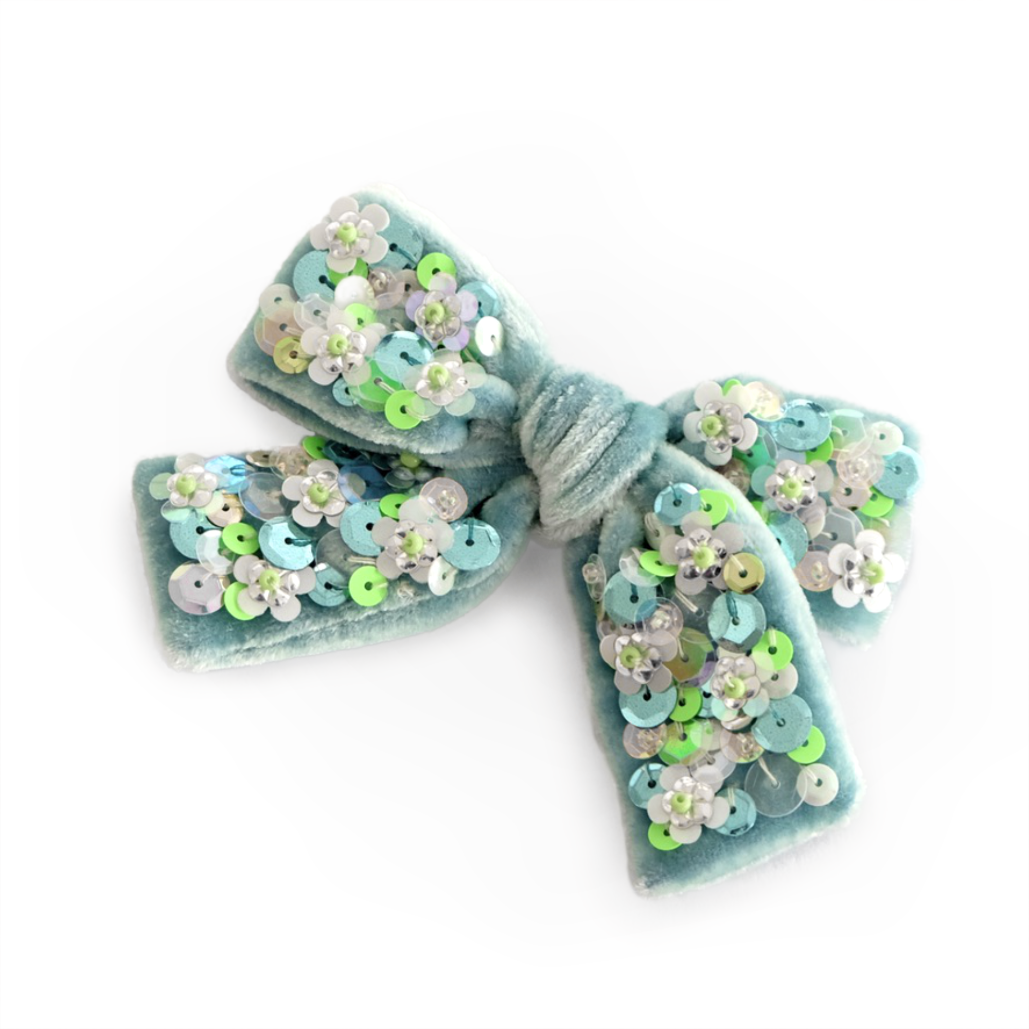 Our Ivy hair bow is fashioned from high-quality sea green silk velvet and embellished with sparkly green and silver sequins.