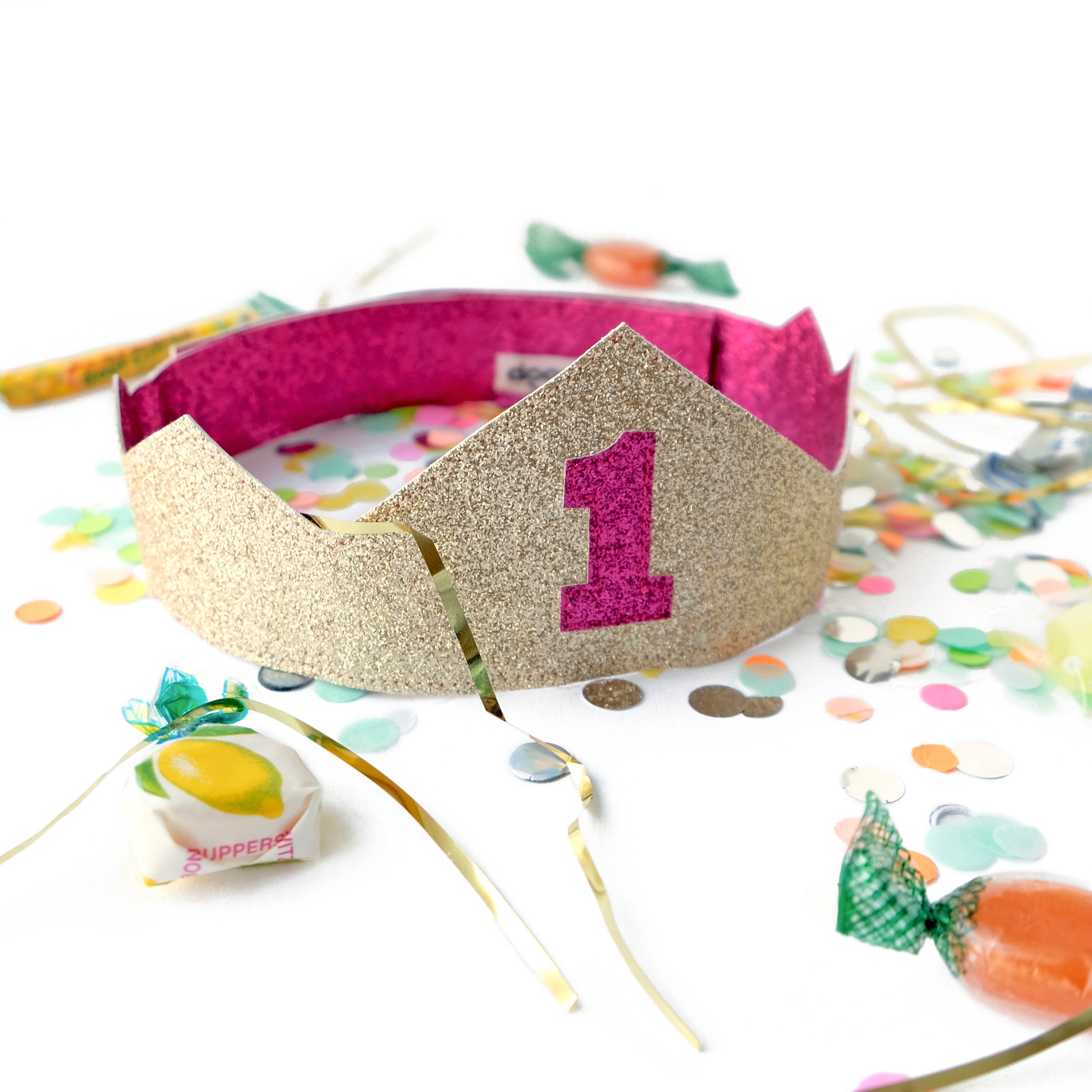 This crown is must for a first birthday!  It's sparkly, reversible and adjustable so your little boy or girl will be able to enjoy it for a very long time.