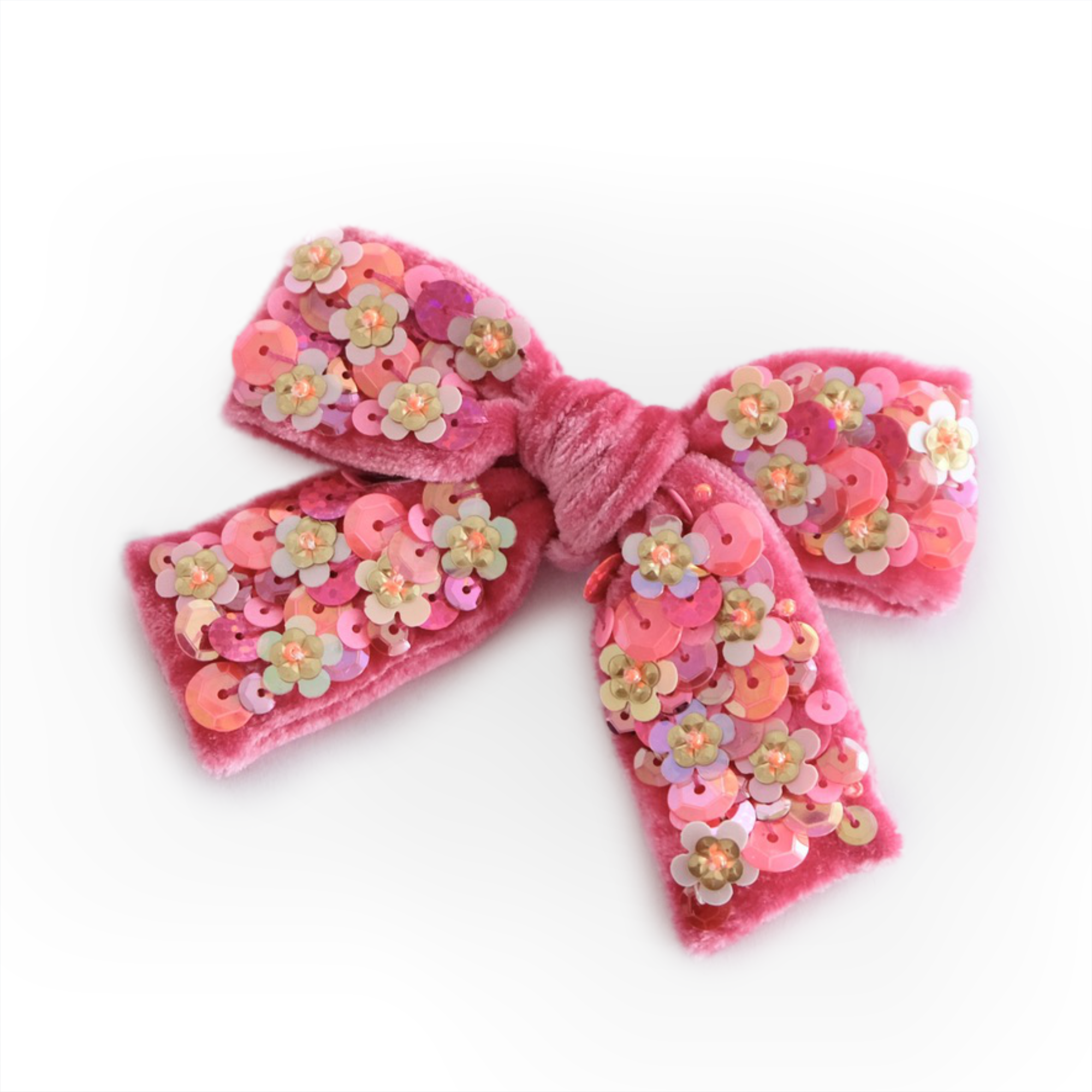 Gorgeous Sienna hair bow made from the most exquisite silk velvet and embellished with an array of pink, orange and gold sequins.