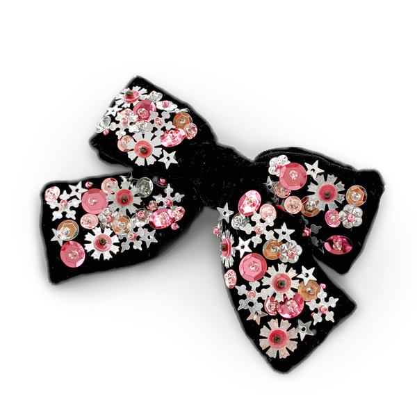 Beautiful black velvet hair bow embellished with pink and silver floral sequins.