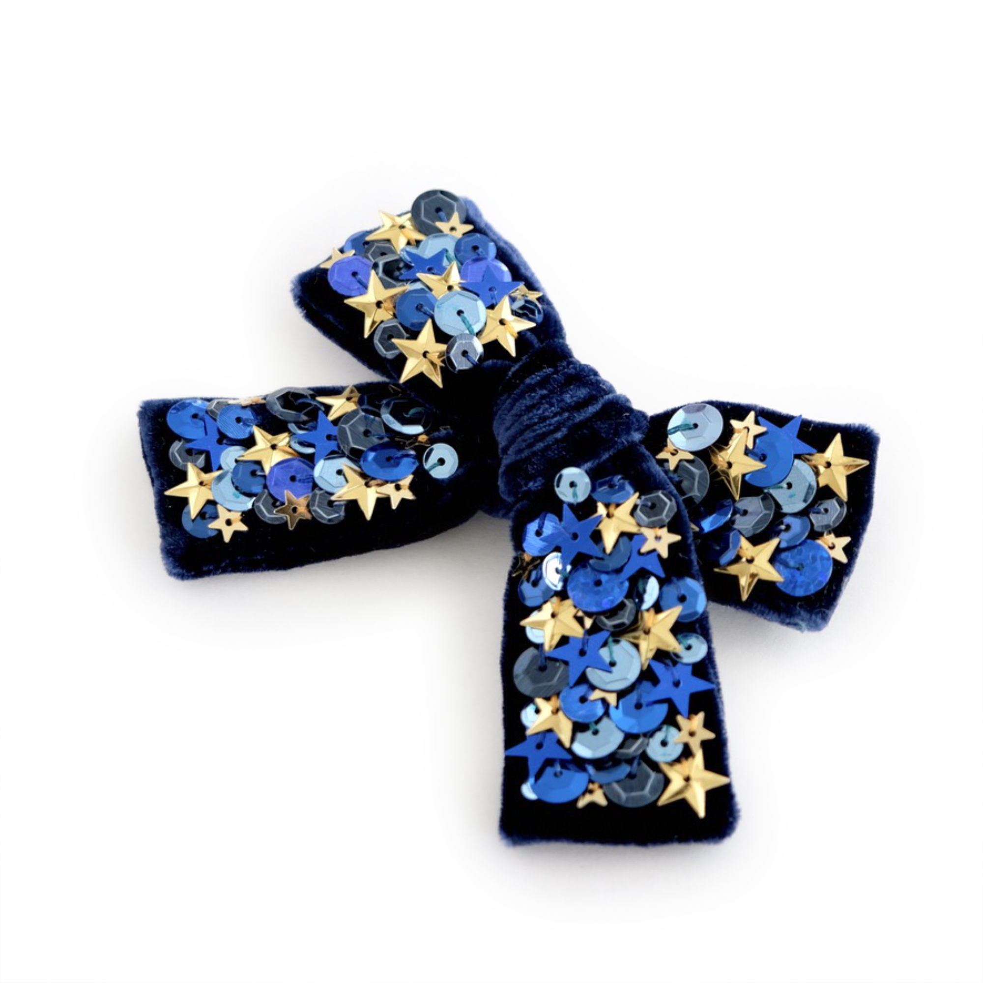 Blue velvet hair bow with gold star sequins by doodlelidloo.