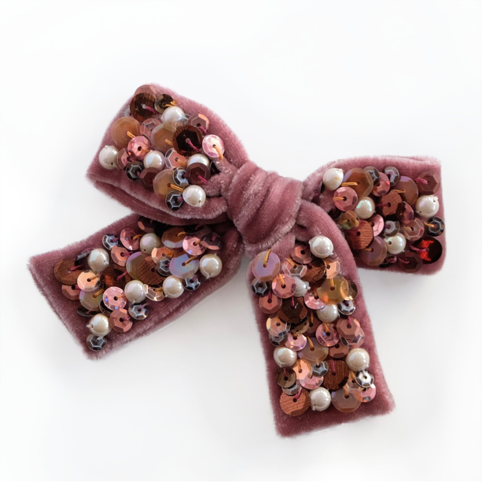 Velvet hair bow in light rusty brown embellished with sequin and pearl beads.
