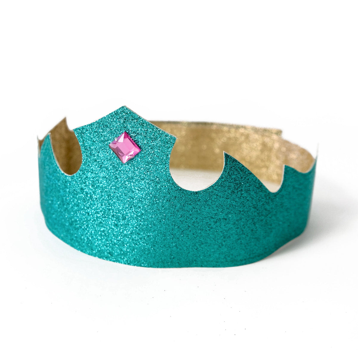 A unique birthday or pretend-play crown for your favorite little girl of boy.  Gold on one side and blue-green on the other.