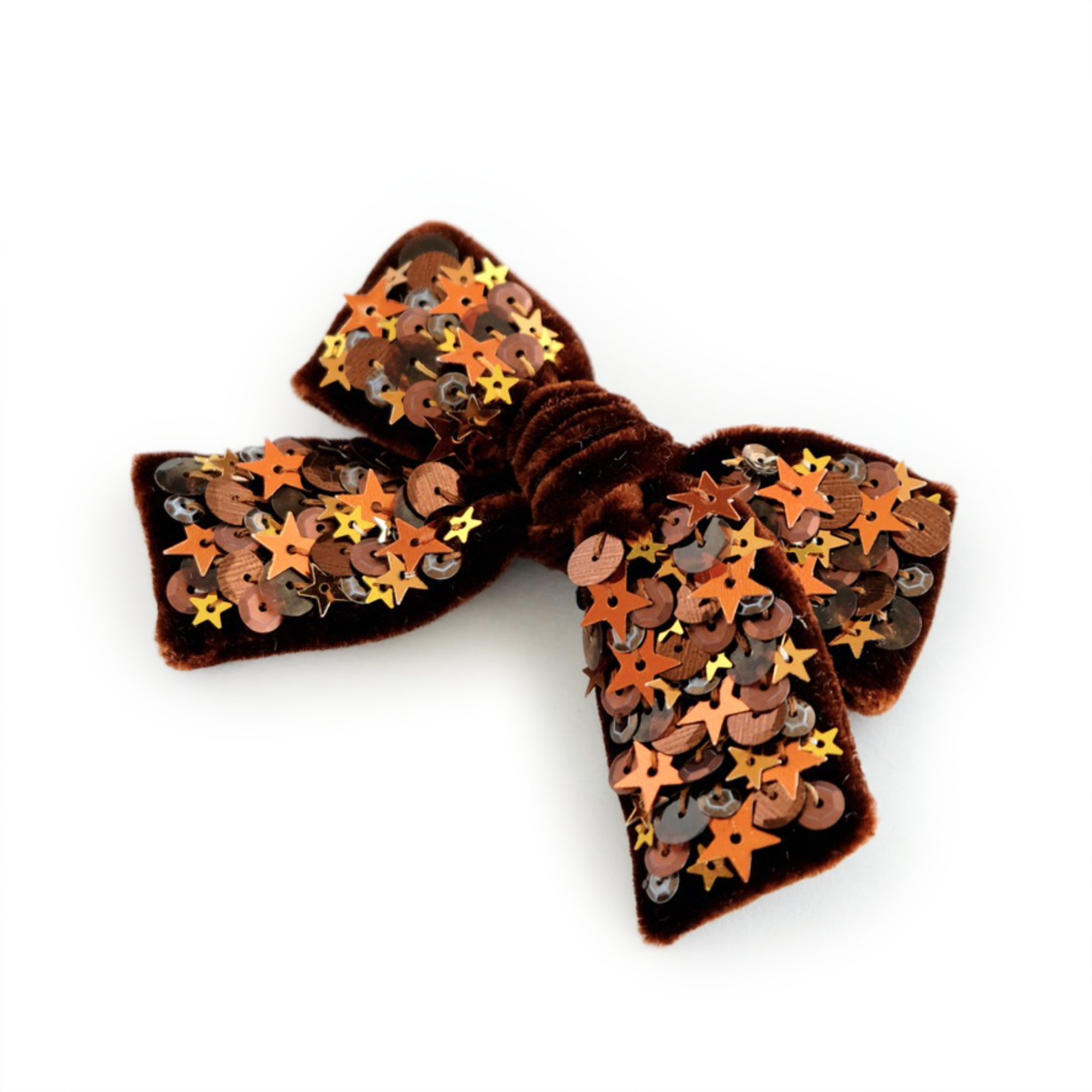 Pumpkin Spice colored hair bow made from dazzling velvet and embellished with sparkly sequin.