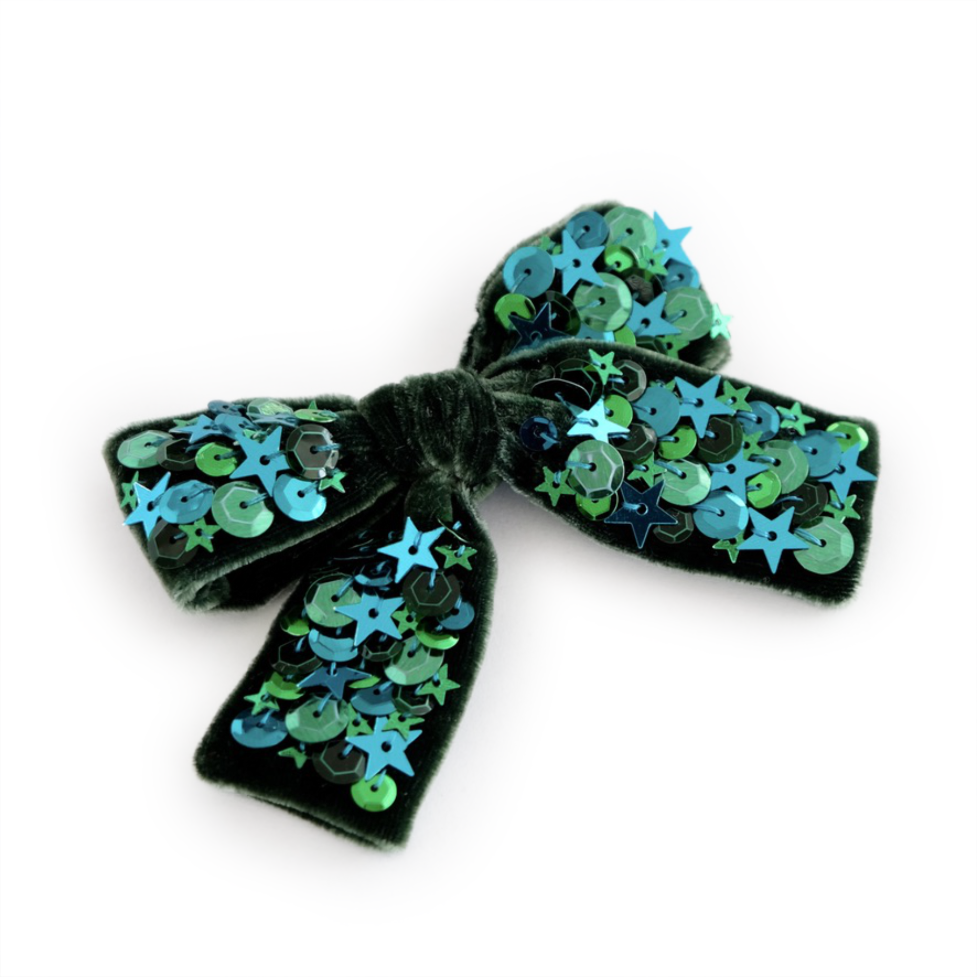 Green and blue sequin hair bow made from dazzling silk velvet by doodlelidoo.