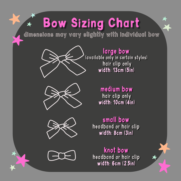 Hair bow sizing chart with sizes varying from large, medium, small and knot type.