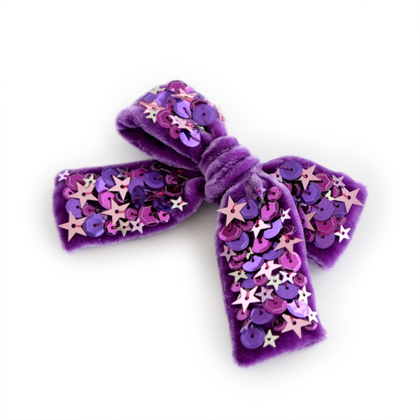 Pink and purple sequin embellished velvet hair bow by doodlelidoo.