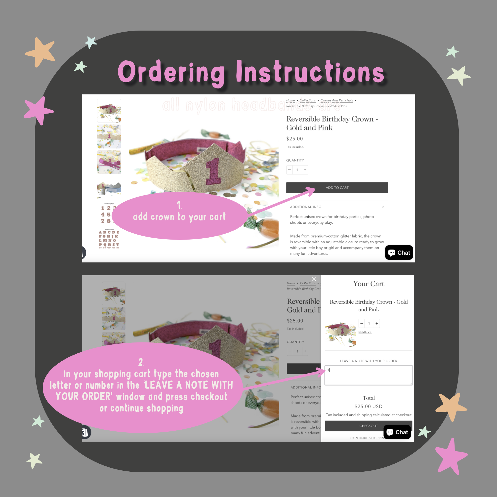 Ordering instructions for doodlelidoo custom pretend play crowns.  You can  choose a letter or number to be sewn onto the front of the crown.