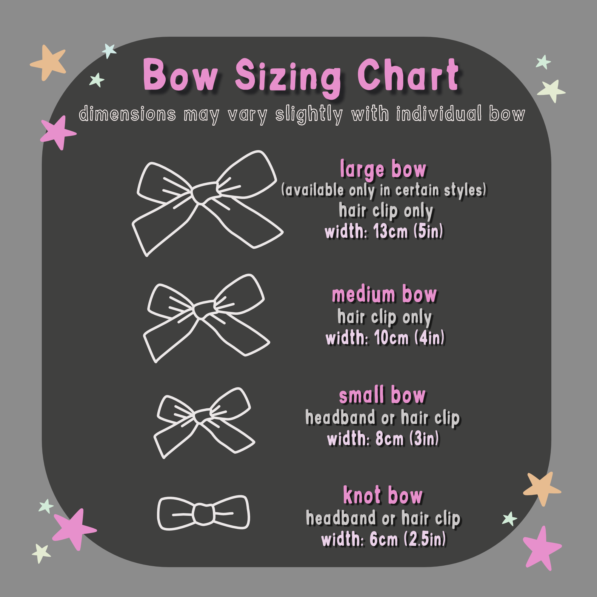Hair bow sizing chart with sizes varying from large, medium, small and knot type.
