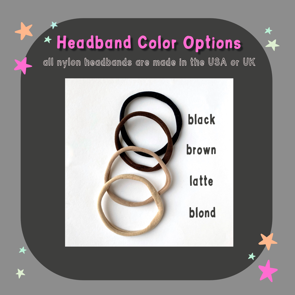 Nylon headband are available in black, brown, latte , or blond color tone.