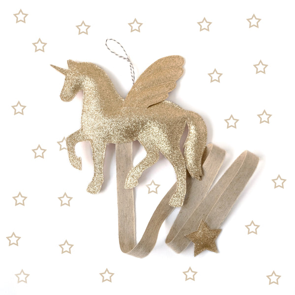 Pegasus Unicorn hair clip holder, handmade from high-quality glitter cotton fabric.  Available in gold or silver..
