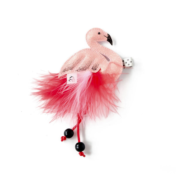 Fun pink flamingo hair clip, oversized with red and pink feather cote for dramatic appearance.