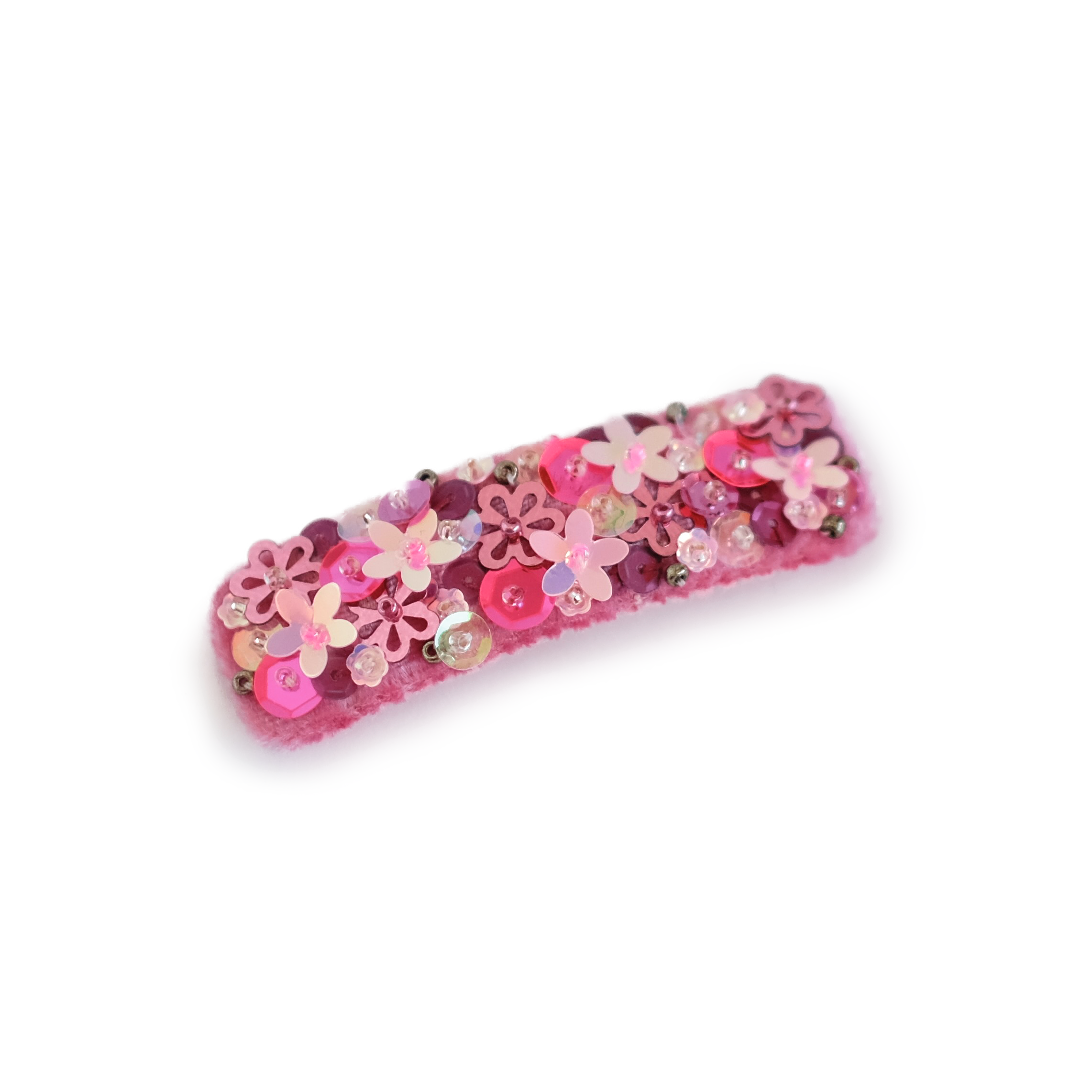 Large rectangular snap hair clip with sequins in bright and neon pink colors.